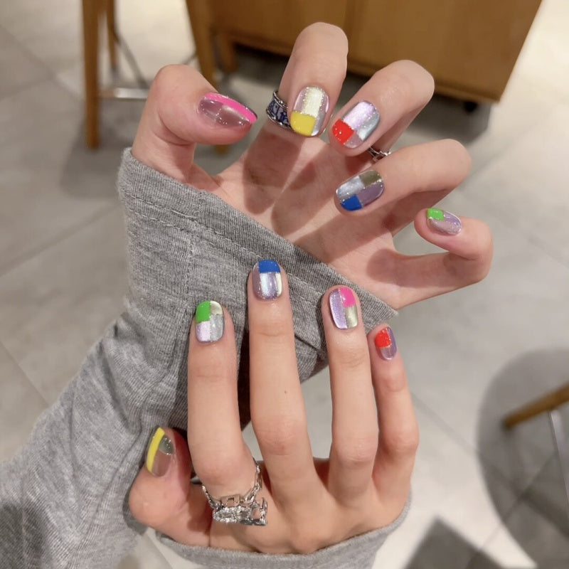 Siva Nail, Color Pop Chrome Patchwork – Retro Block Design  Handmade Press on Nails
