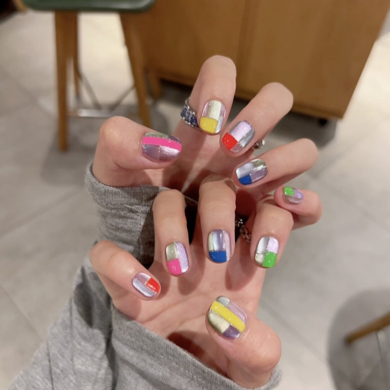 Siva Nail, Color Pop Chrome Patchwork – Retro Block Design  Handmade Press on Nails