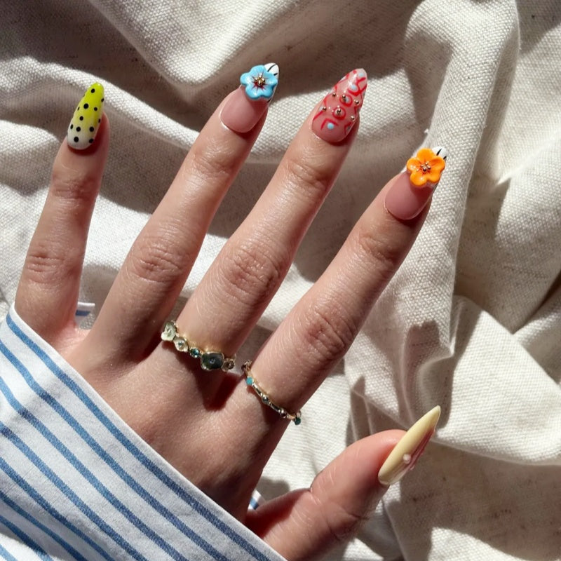 Siva Nail, Cosmic Bloom 3D Flower & Polka Handmade Press on Nails