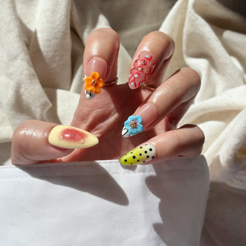 Siva Nail, Cosmic Bloom 3D Flower & Polka Handmade Press on Nails