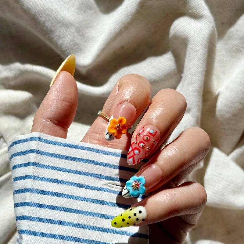 Siva Nail, Cosmic Bloom 3D Flower & Polka Handmade Press on Nails