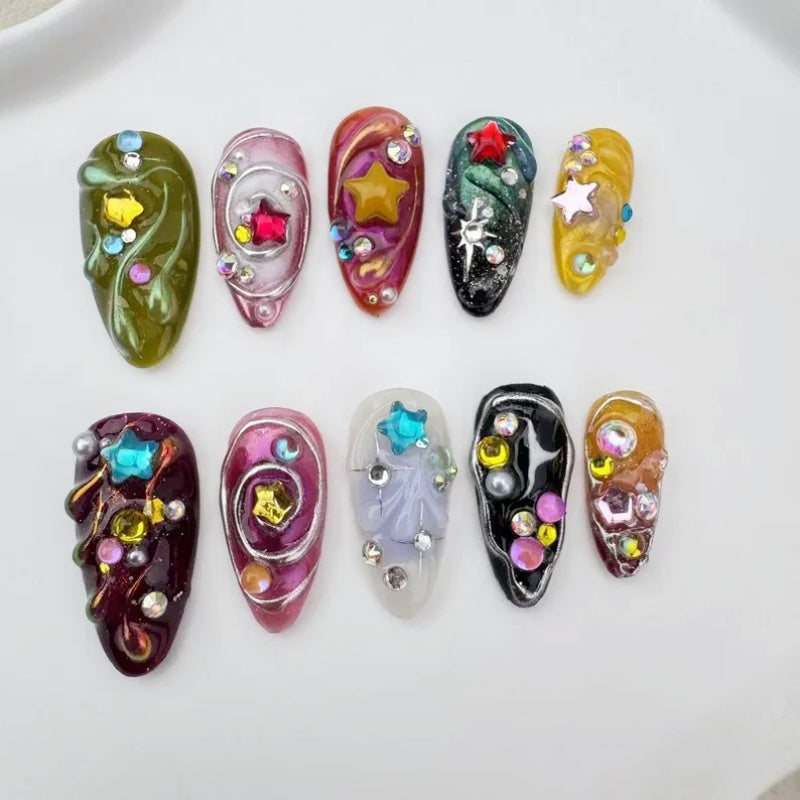 Siva Nail,Cosmic Swirl Star Mix - 3D Galaxy-Inspired Art Handmade Press on Nails