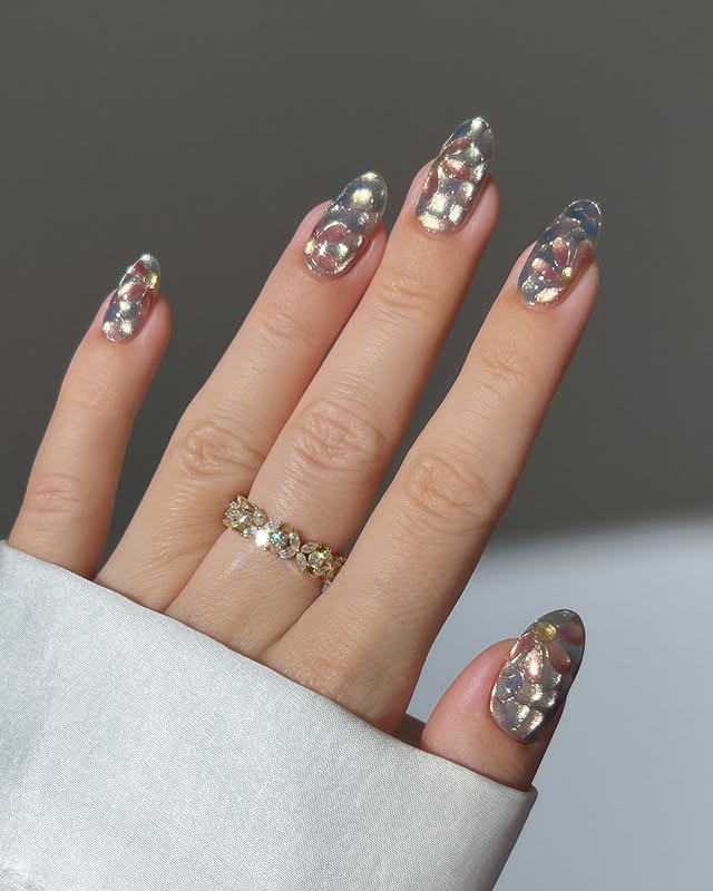 Siva Nail, Crystal Bloom Holographic Nails – Iridescent Coffin Handmade Press on Nails