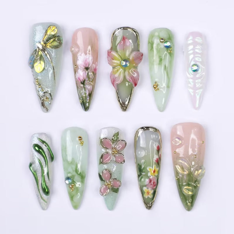 Siva Nail, Dragonfly Garden Floral – Pink Blossom Holiday Set Handmade Press on Nails