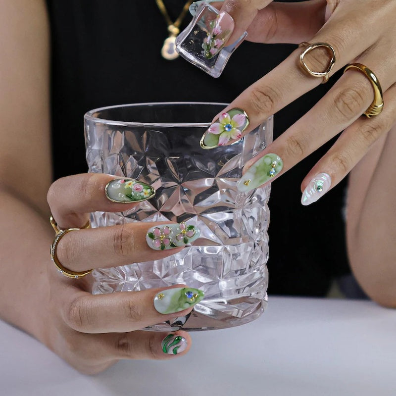 Siva Nail, Dragonfly Garden Floral – Pink Blossom Holiday Set Handmade Press on Nails