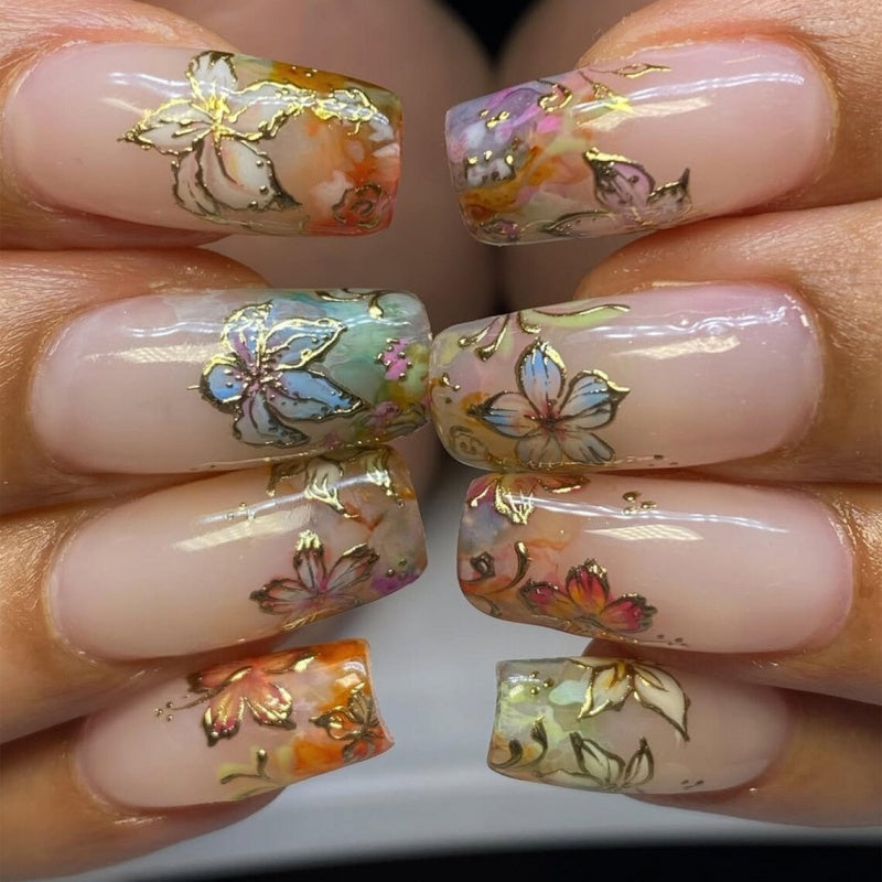 Siva Nail,Watercolor Gold Floral Handmade Press on Nails