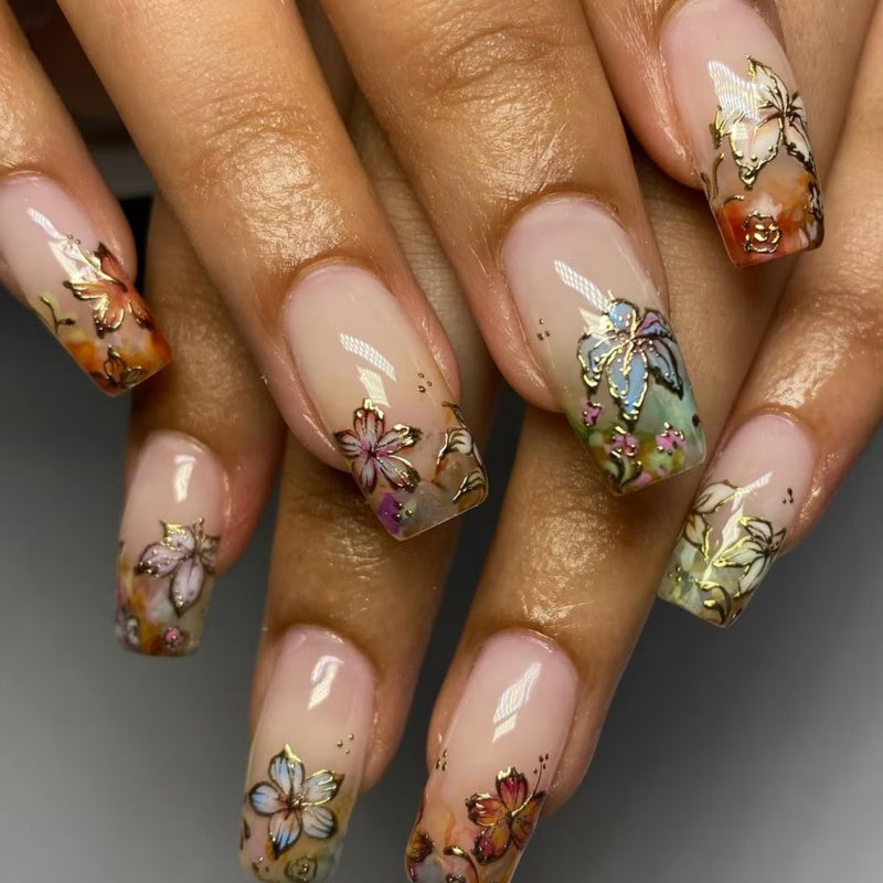 Siva Nail,Watercolor Gold Floral Handmade Press on Nails