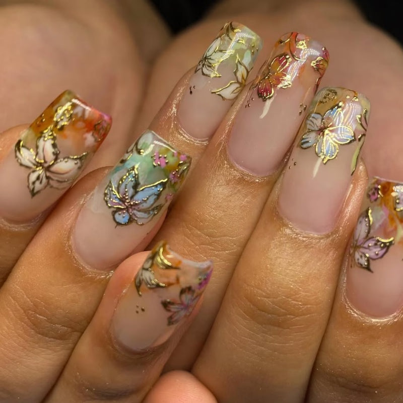 Siva Nail,Watercolor Gold Floral Handmade Press on Nails