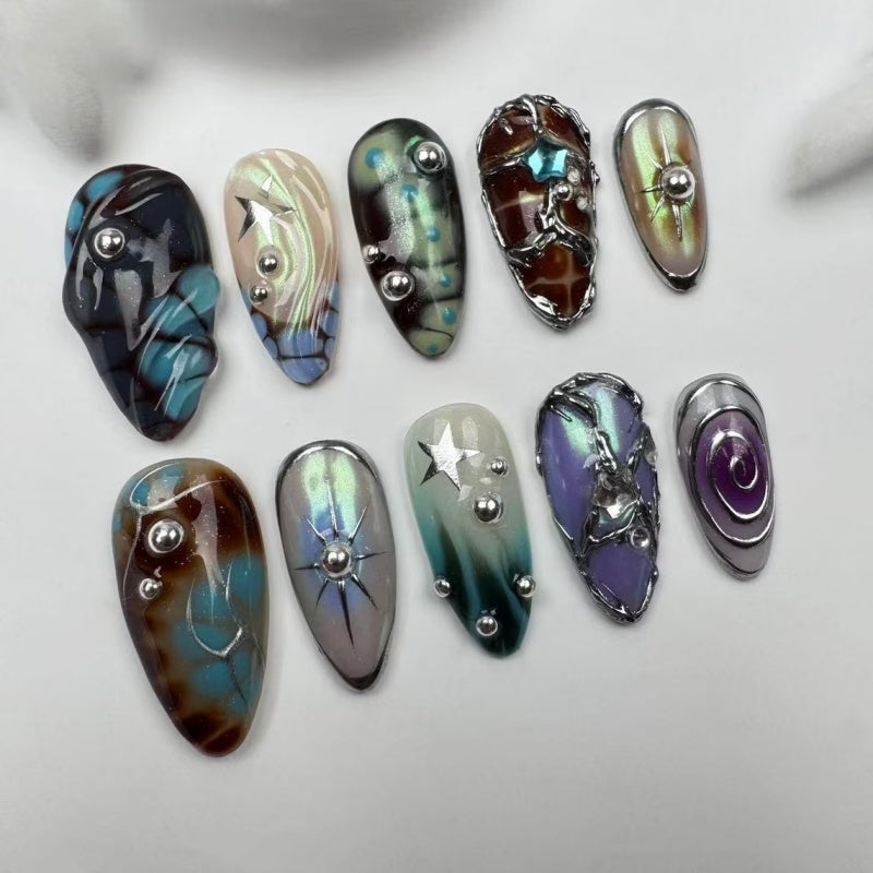 Siva Nail,Galactic Chrome Abstract Press-On Nails – Cosmic Edge Handmade Press on Nails