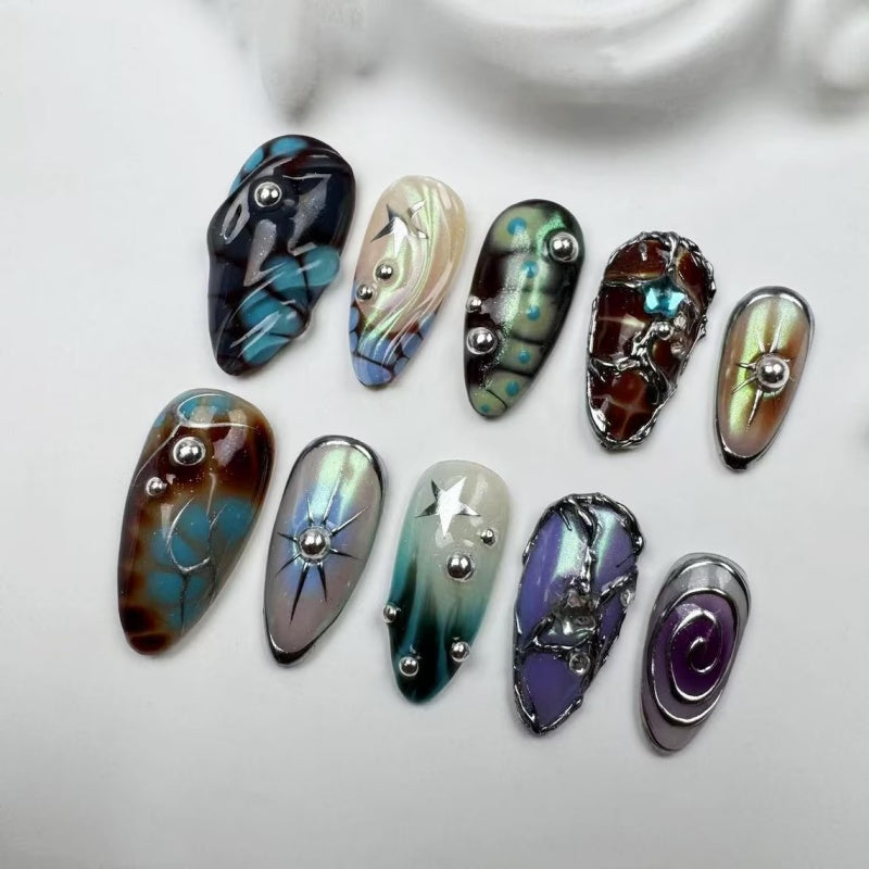 Siva Nail,Galactic Chrome Abstract Press-On Nails – Cosmic Edge Handmade Press on Nails