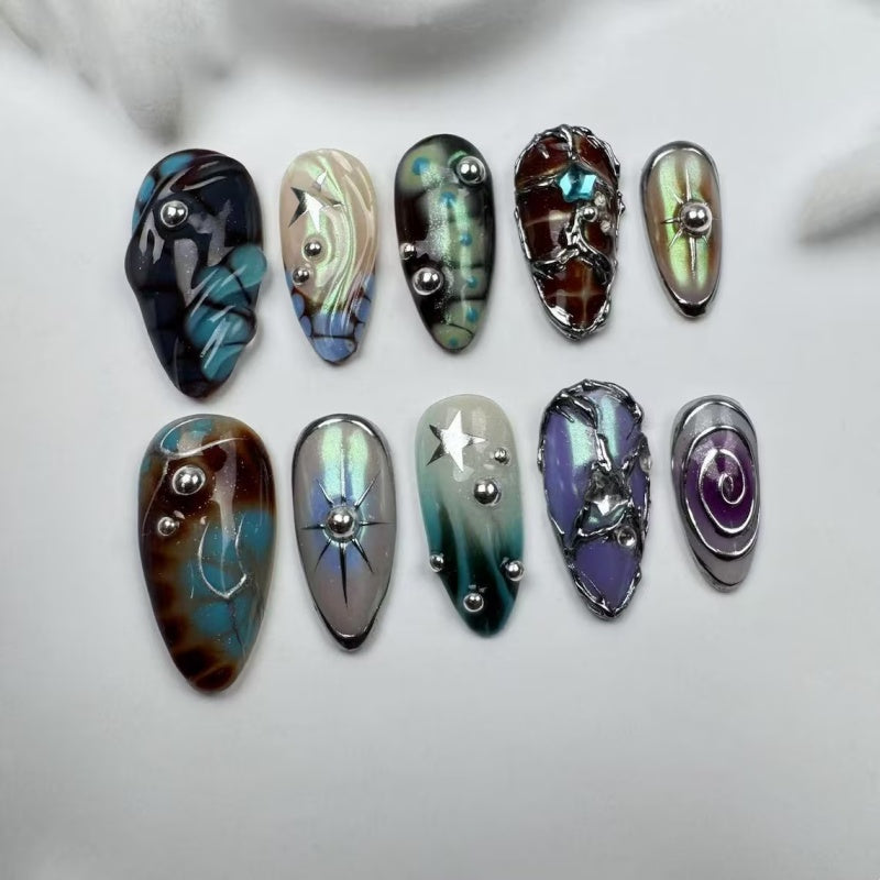 Siva Nail,Galactic Chrome Abstract Press-On Nails – Cosmic Edge Handmade Press on Nails