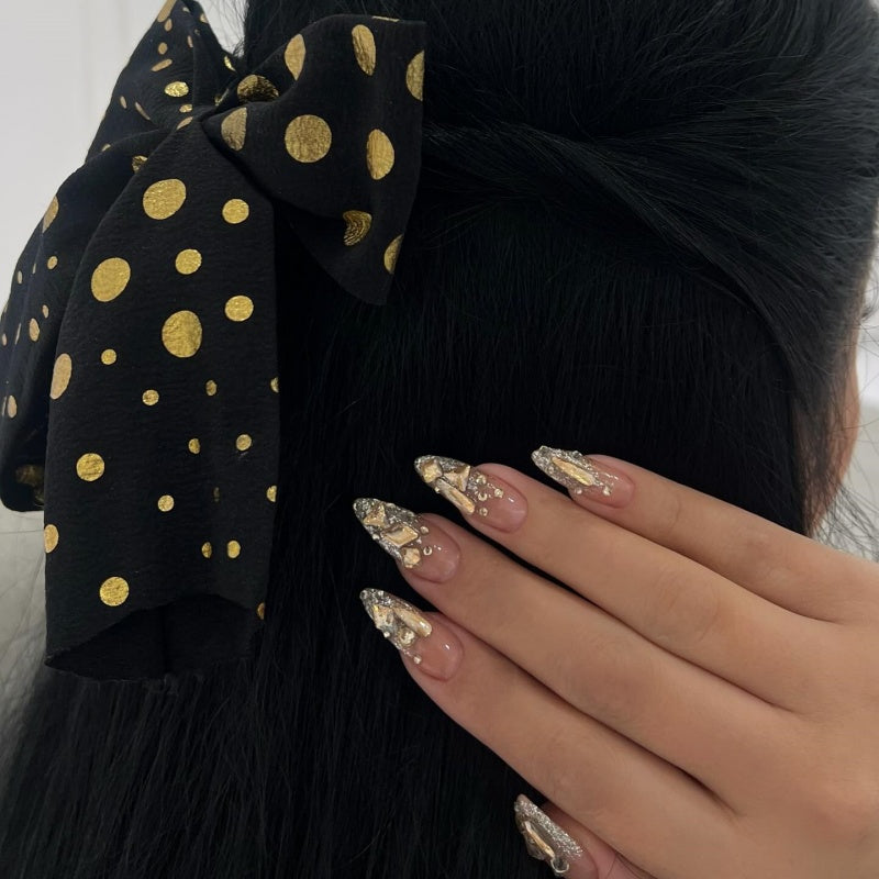 Siva Nail,Gold Crystal Luxe – 3D Rhinestone Handmade Press-On Nails
