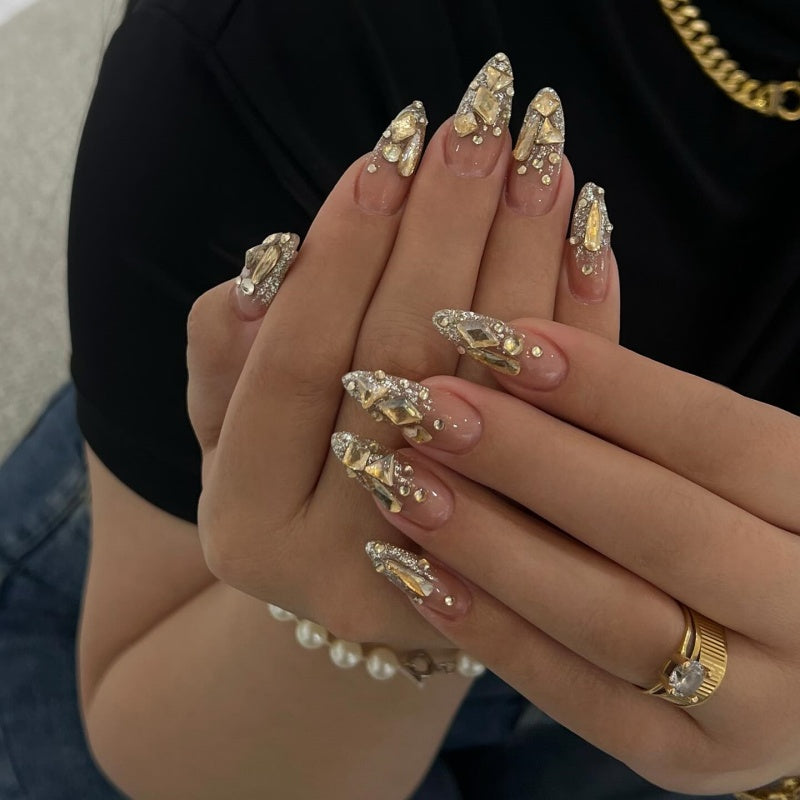 Siva Nail,Gold Crystal Luxe – 3D Rhinestone Handmade Press-On Nails