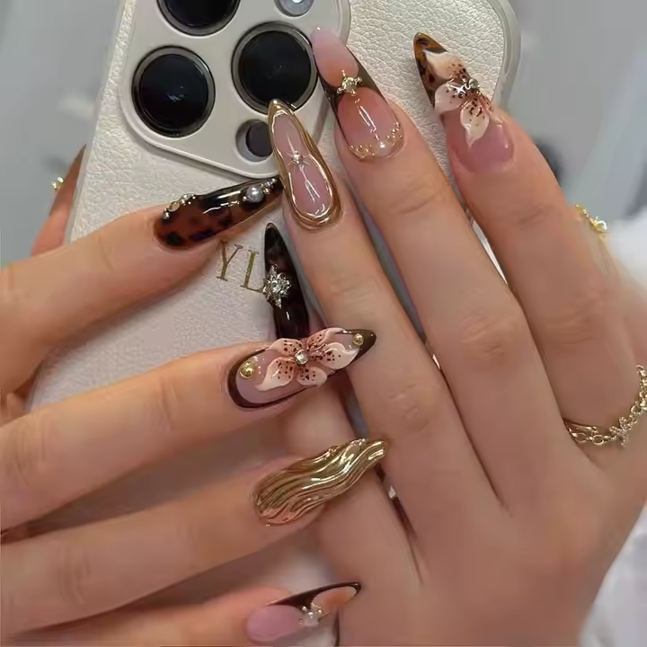 Siva Nail, Golden Bloom – 3D Floral & Tortoise Shell Handmade Press On Nails-3