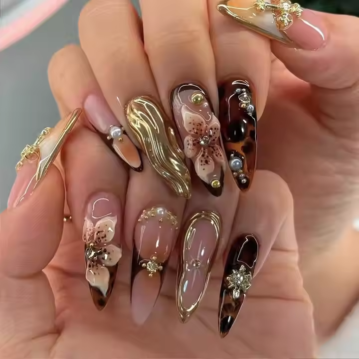Siva Nail, Golden Bloom – 3D Floral & Tortoise Shell Handmade Press On Nails