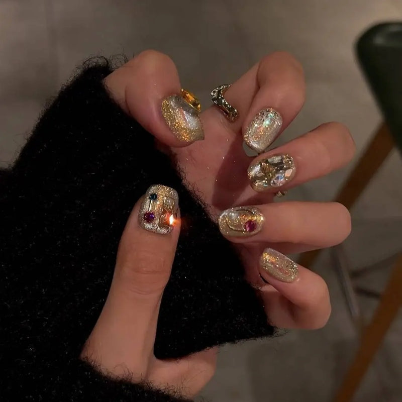 Siva Nail, Golden Glam Jewel – Luxury Sparkle Handmade Press on Nails