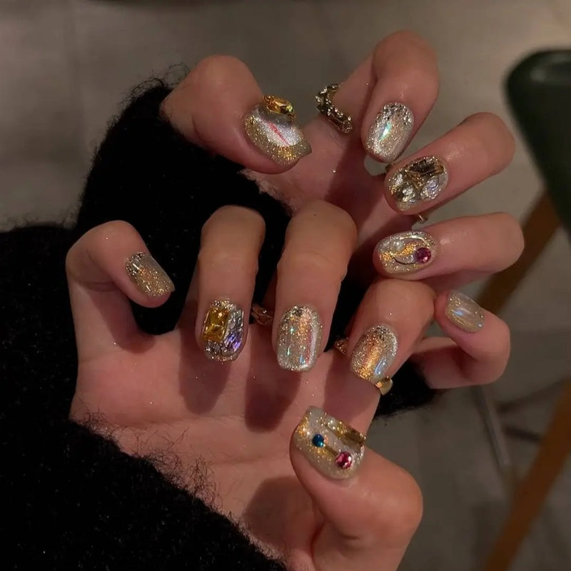 Siva Nail, Golden Glam Jewel – Luxury Sparkle Handmade Press on Nails