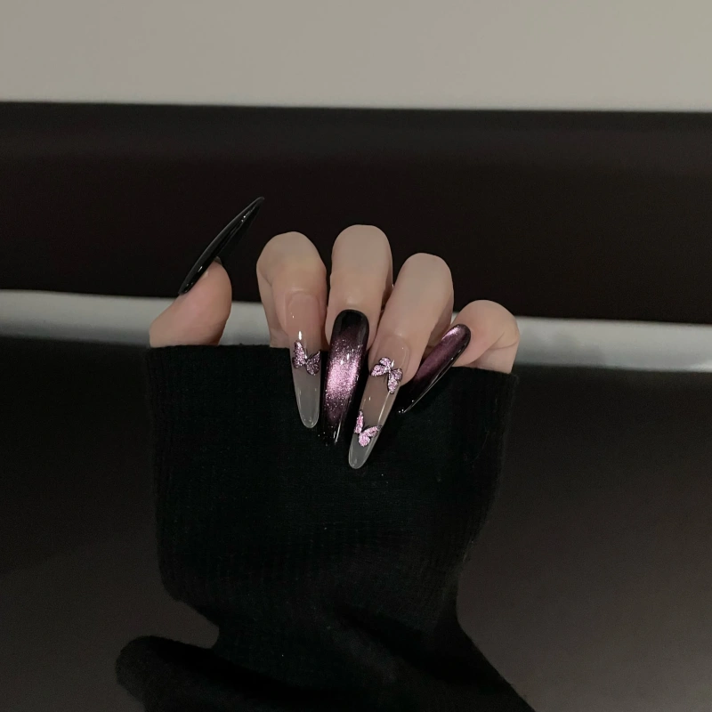 Siva Nail,Gothic Glam Cat-Eye – Midnight Butterfly Design Handmade Press on Nails