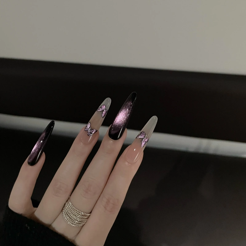 Siva Nail,Gothic Glam Cat-Eye – Midnight Butterfly Design Handmade Press on Nails