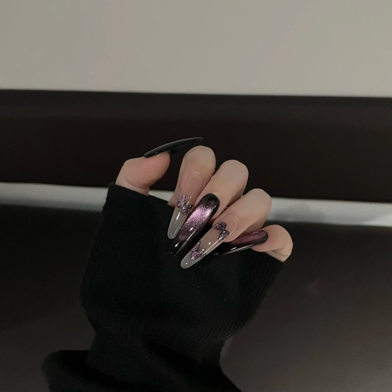 Siva Nail,Gothic Glam Cat-Eye – Midnight Butterfly Design Handmade Press on Nails