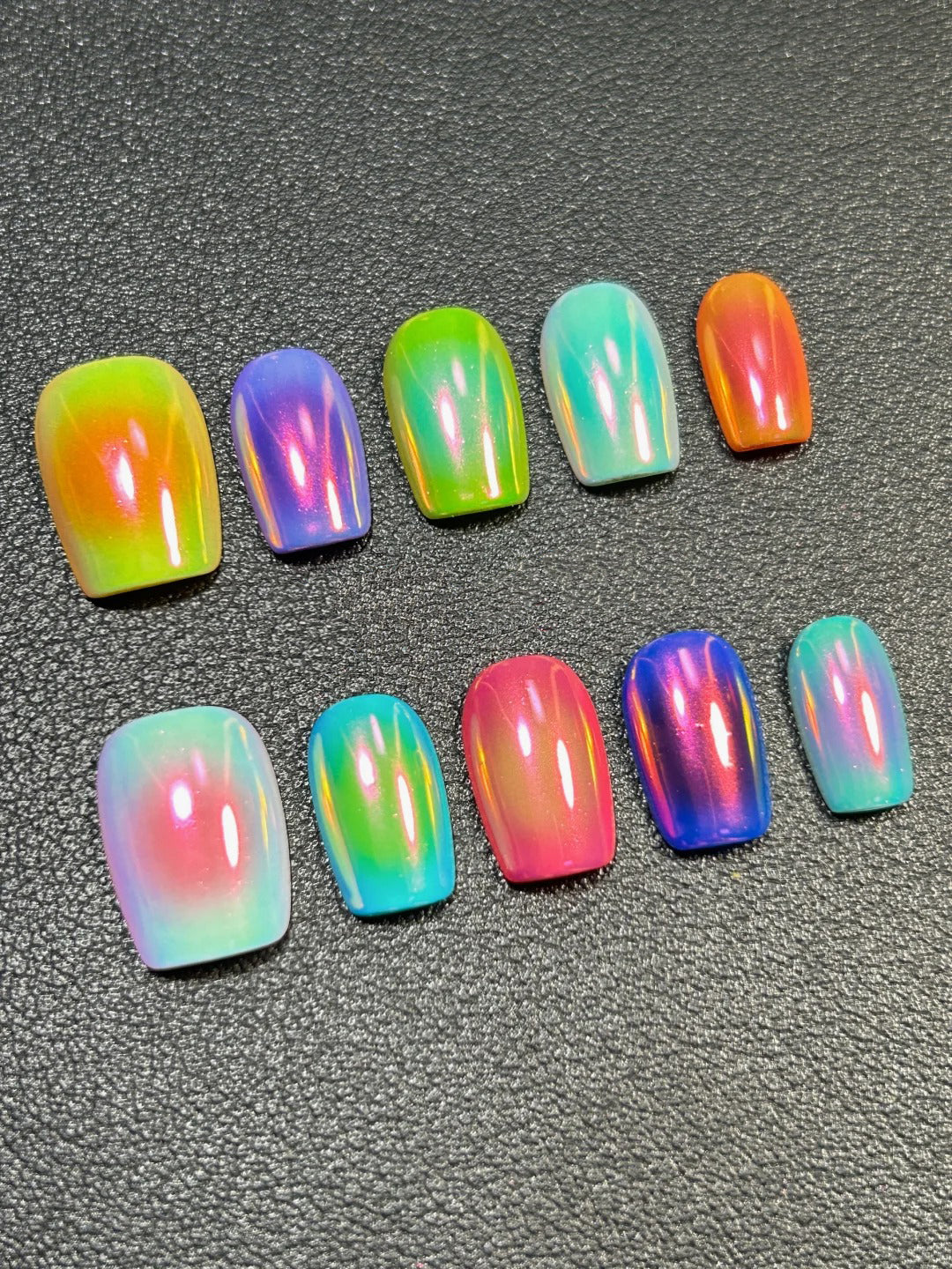 Siva Nail,Holographic Multicolor Ombre Short Square Handmade Press on Nails