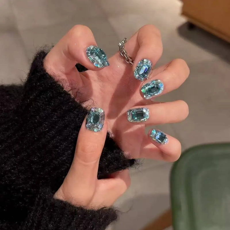 Siva Nail, Jewel‑Tone Crystal Sky – Short Squoval Handmade Press on Nails
