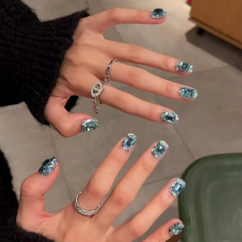 Siva Nail, Jewel‑Tone Crystal Sky – Short Squoval Handmade Press on Nails