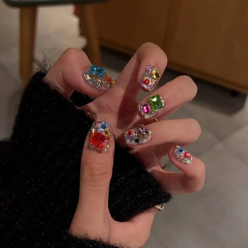 Siva Nail,Jewel-Tone Junk Nail Set – Oversized Rhinestone Charms Handmade Press on Nails