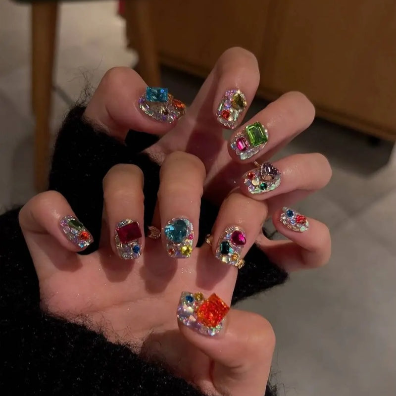 Siva Nail,Jewel-Tone Junk Nail Set – Oversized Rhinestone Charms Handmade Press on Nails