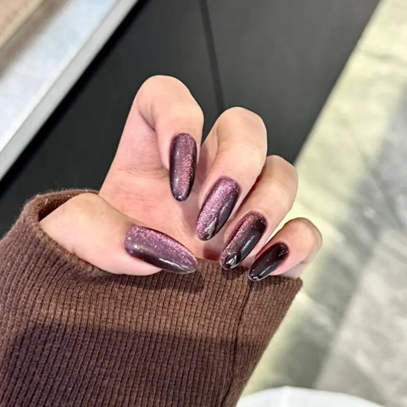 Siva Nail, Lavender Cat‑Eye Glitter Almond Handmade Press on Nails