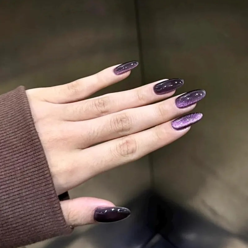 Siva Nail, Lavender Cat‑Eye Glitter Almond Handmade Press on Nails