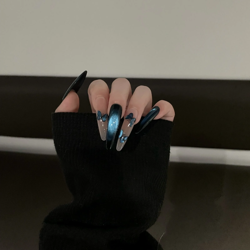 Siva Nail,Midnight Blue Ombre Butterfly Handmade Press on Nails