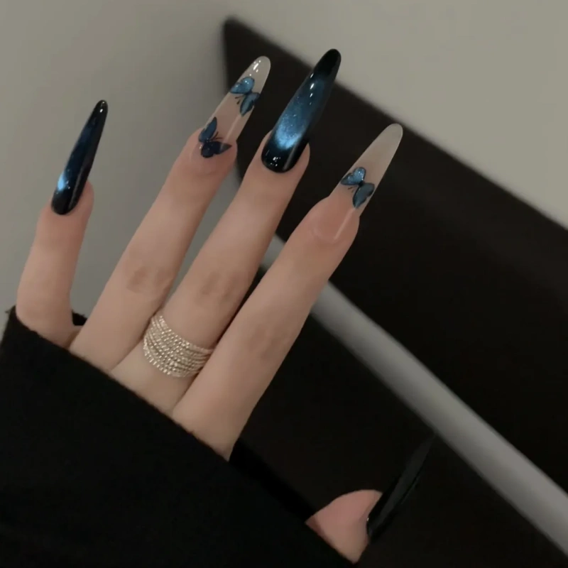 Siva Nail,Midnight Blue Ombre Butterfly Handmade Press on Nails