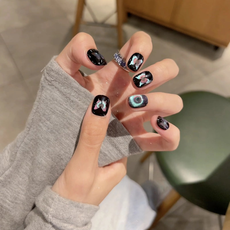 Siva Nail, Midnight Flutter – Iridescent Butterfly Handmade Press on Nails