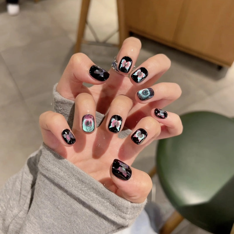 Siva Nail, Midnight Flutter – Iridescent Butterfly Handmade Press on Nails