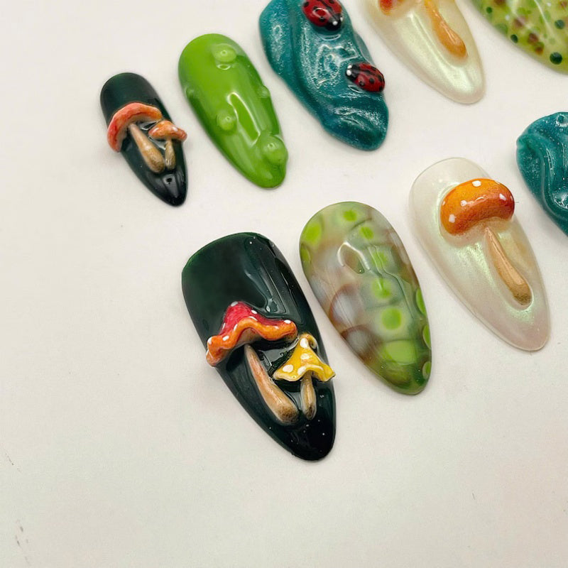 Siva Nail, Mushroom Garden Press-On Nails – Ladybug & Worm Handmade Press on Nails