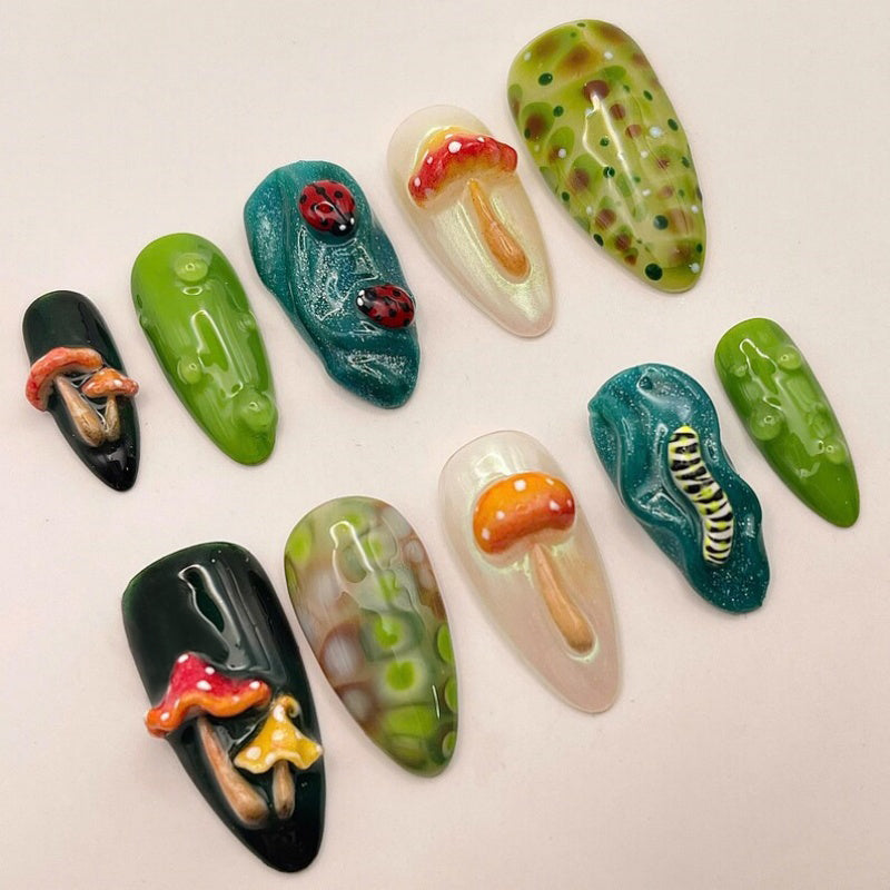 Siva Nail, Mushroom Garden Press-On Nails – Ladybug & Worm Handmade Press on Nails