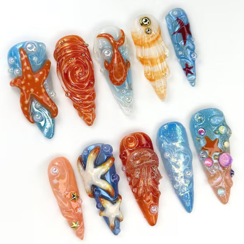 Siva Nail, Ocean Galaxy Fantasy – Mermaid & Starfish Handmade Press on Nails