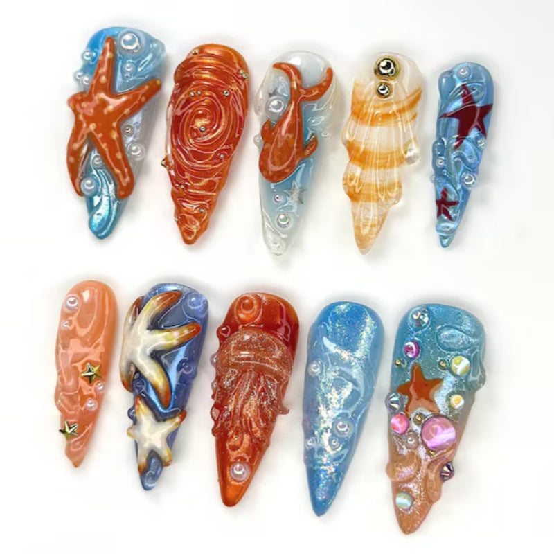 Siva Nail, Ocean Galaxy Fantasy – Mermaid & Starfish Handmade Press on Nails