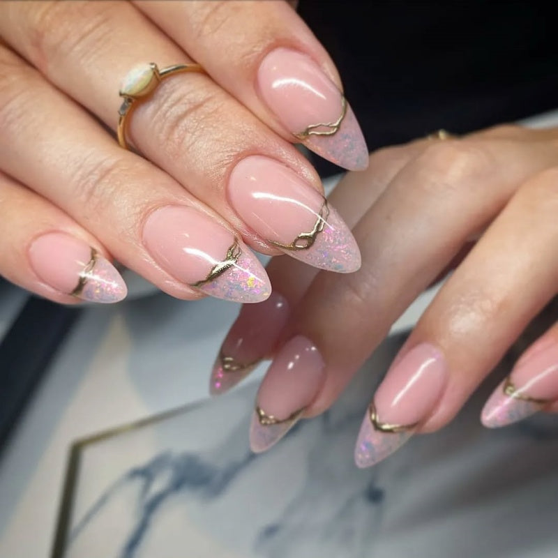 Siva Nail, Opal French Tip, Gold Vein Handmade Press on Nails