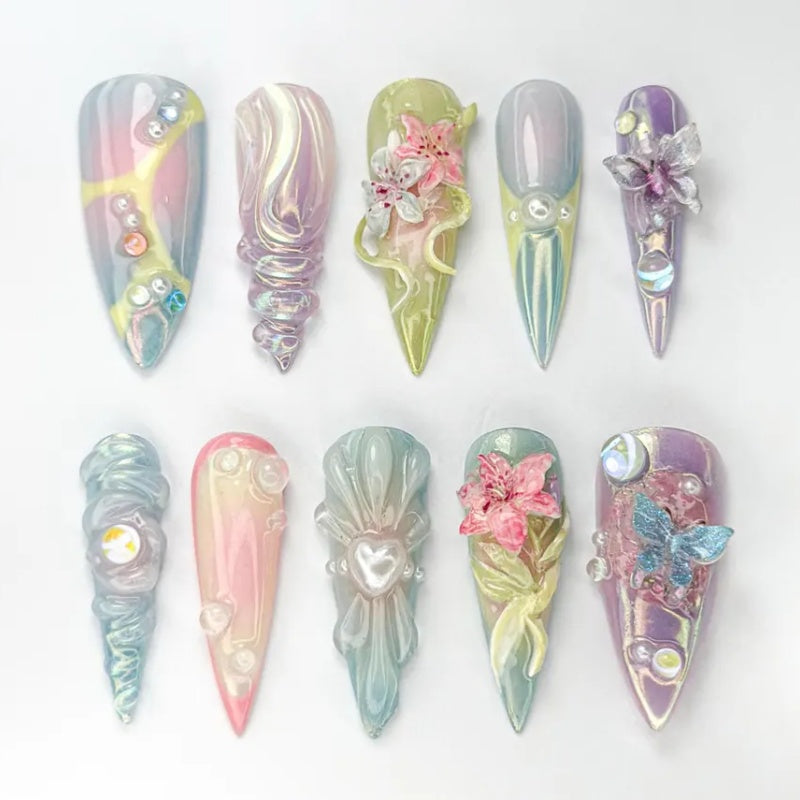Siva Nail, Pastel Fantasy 3D – Iridescent Floral & Butterfly Design, Handmade Press on Nails