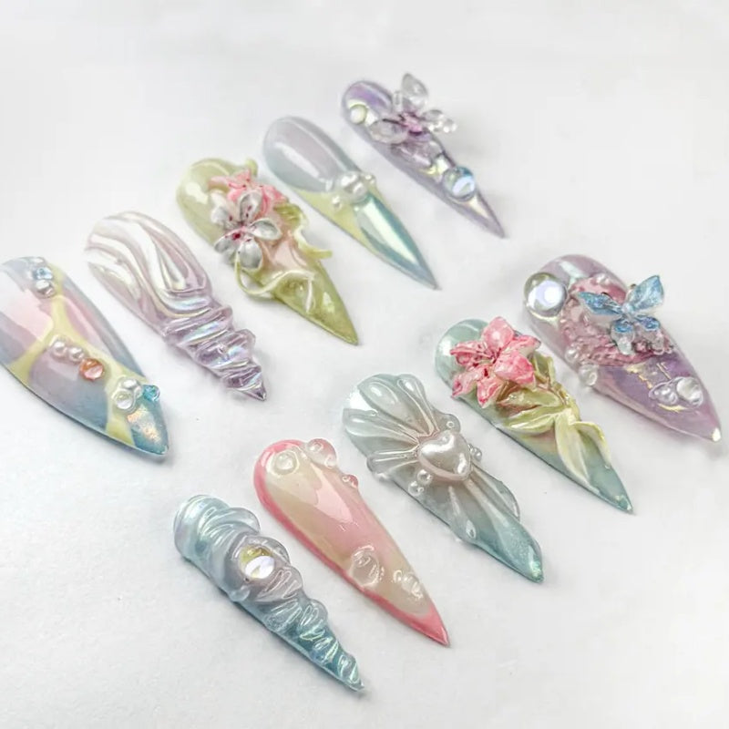 Siva Nail, Pastel Fantasy 3D – Iridescent Floral & Butterfly Design, Handmade Press on Nails