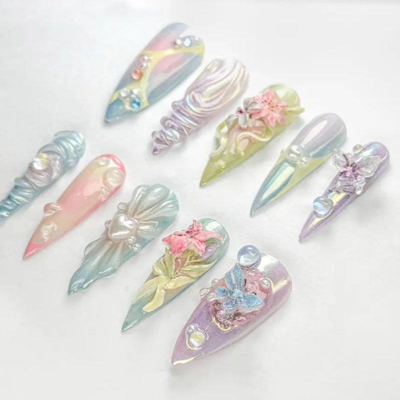 Siva Nail, Pastel Fantasy 3D – Iridescent Floral & Butterfly Design, Handmade Press on Nails