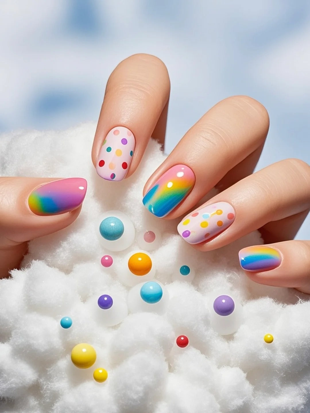 Siva Nail,Rainbow Polka-Dot Press‑On Nails – Short Square Handmade Press on Nails