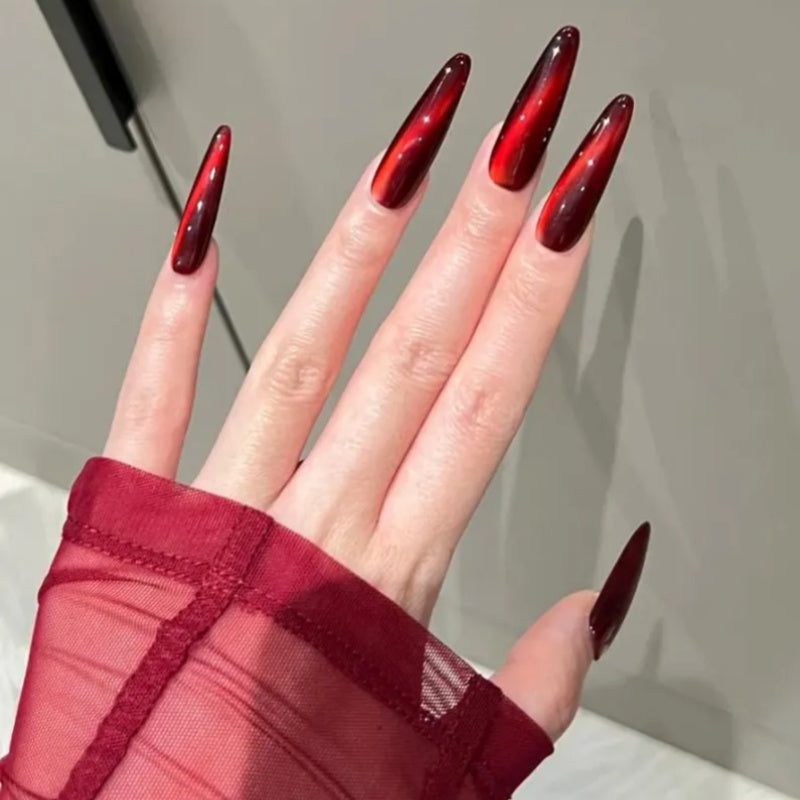 Siva Nail, Ruby Rouge – Red Wine-Shiny Glitter Amber-Red Glass Gel Handmade Press on Nails