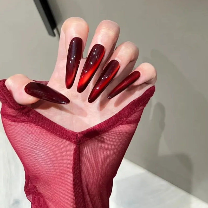 Siva Nail, Ruby Rouge – Red Wine-Shiny Glitter Amber-Red Glass Gel Handmade Press on Nails
