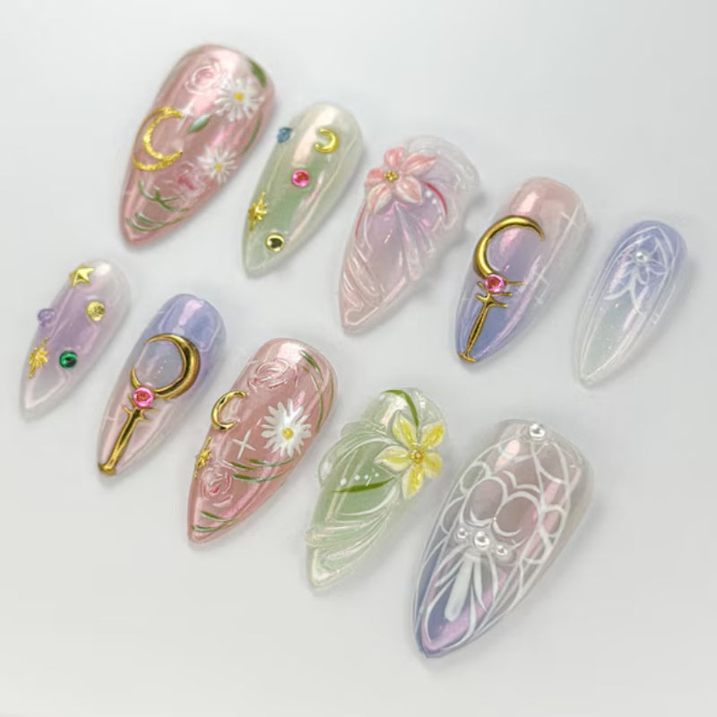 Siva Nail, Sailor Moon Kawaii Iridescent – Pastel Magical Girl Set Handmade Press on Nails