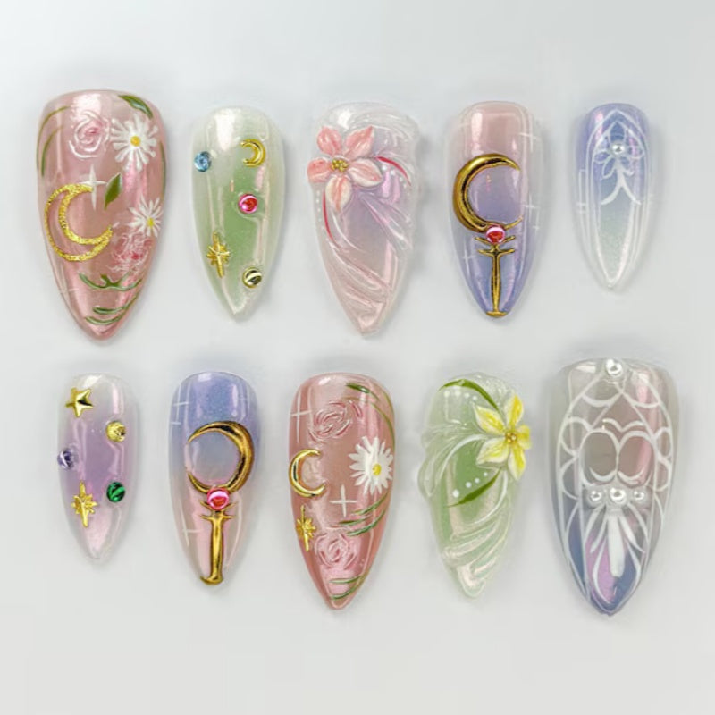 Siva Nail, Sailor Moon Kawaii Iridescent – Pastel Magical Girl Set Handmade Press on Nails
