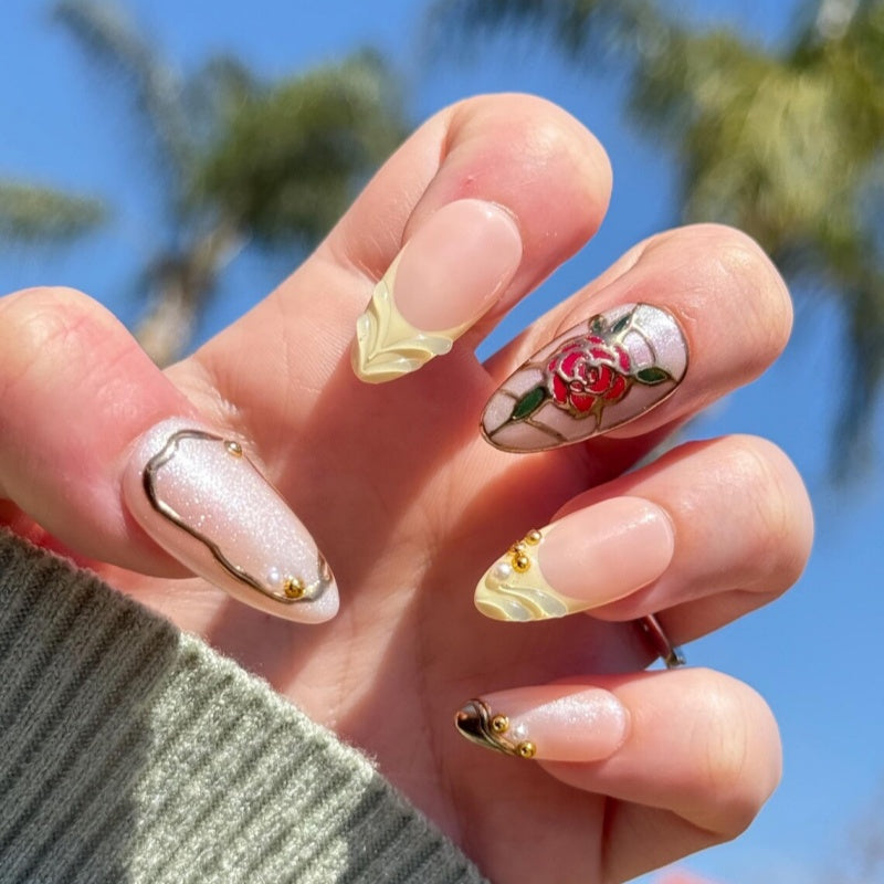 Siva Nail, Stained‑Glass Rose – Disney Belle Inspired Luxury Set Handmade Press on Nails
