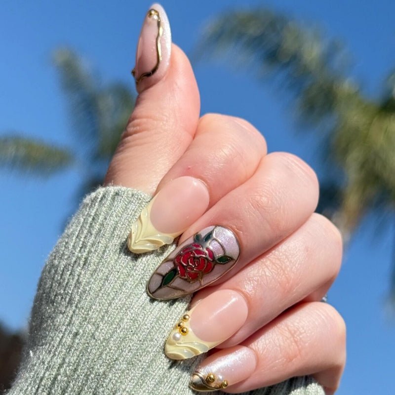 Siva Nail, Stained‑Glass Rose – Disney Belle Inspired Luxury Set Handmade Press on Nails